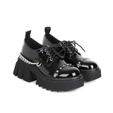 Darkness Black Gothic Pumps with Metal Chain Women's Lace-up Platform Shoes Heel Height 7cm Thick Bottom School Girls