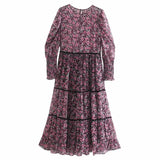 Floral Printing Chiffon Tiered Ruffle Midi Dress Female O Neck Puff Sleeve Loose Clothes Casual Lady Vestido