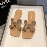 Breakj Version Of The Diamond One Type Flat Bottom Slippers Female Flat Slippers Square Head One Foot Pedal Home