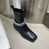 Women's Martin Boots Fall Casual Thick Bottom Spuare Toe Women Short Boots Black Chain Short Tube Knight Boots Single