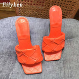 Summer New Design Weave Square Toe Heels High Quality PU Leather Slippers Gladiator Beach Womens Sandal Slides