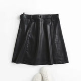 Chic Women Black PU Faux Leather Skirt With Belt High Waist Ladies Mini Skirt Female A Line Fashion Skirts