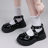 Heart Buckle Chunky Platform Mary Janes Women Ankle Strap Med Heels Shoes Woman Patent Leather Goth Lolita Shoes