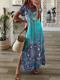 2022 New Casual Holiday Dress Summer Fashion Printed Short Sleeve Loose Dress Women Chic V-neck Split Long Skirt Dress