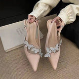 Breakj 2025 New Chinese Sharp Drill Head Sandals Women Butterfly Silk Satin High Heels Thin Heel With Single