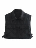 Chic Black Pocekts Quilting Cropped Vests Women 2021 Fashion Side Buttons Tie Turn-down Collar