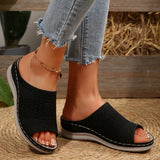 Breakj New Summer Women Thick Bottom Slippers Large-Size Wide Striped Fish Mouth Thick Bottom Slippers