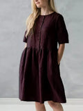 New Summer Commuter Women Dress A-line Skirt Solid Cotton Linen Pocket Mid Sleeve Holiday Dress 2022 Elegant V-Neck Loose