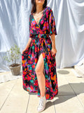 Sexy V Neck High Slit Drape Party Dress Summer Bohemian Long Dress Women 2022 Elegant Multicolor Print Slim Waist Beach