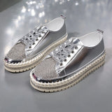 Shoes for Women Sneakers Crystal Thick Soles Casual Rhinestones PU Walking Flats Thick Bottom Lace Up Shoes Plus Size