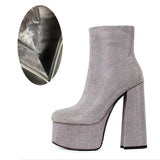 Leather Rhinestone Platform Ankle Bootswoman Shoes High Heels Sexy Super High Heel Round Toe Zip Boots Black