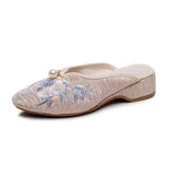Breakj Plus Size Slippers Women's Summer Low Slope Heel Platform Sandals Embroidery Flower Women's Sandals Slippers Pointed Fashion Nail
