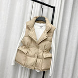 Winter Single Breasted Light Down Short Vest Jacket Women White Duck Down Coat Waist Retractable Pocket Sleeveless