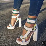 Chunky Buckle Strap High Heels Sandals Mixed Color Platform Women Square Heels Sandals Summer Banquet Dress