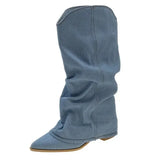Pointed Denim Boots for Women 2023 Autumn New Slip on Thick Heeled Western Cowboy Boots Woman Blue Jeans Mid-Calf