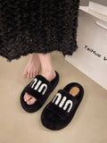Celebrity Muffin Thick Bottom Letter Wool Slippers Women Wear 2024 Winter New Style Lamb Wool Cotton