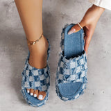Breakj Washed Denim Thick Base Slippers Geometric Pattern Jacquard Plaid Slippers Women