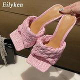 2022 New Summer Design Weave Square Toe Heels High Quality Slippers Gladiator Beach Womens Sandal Slides