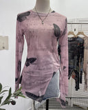 Vintage Tie-Dye-Print Net Yarn Jersey Long-Sleeved Top Irregularly T-Shirt With Thin Short T-Shirt