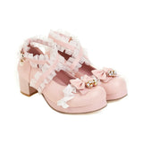 Cross Strap Lolita Shoes Plus Size Big Feet Bow Buckle Cute Ruffles Edge Platform Pumps Girls Cosplay Bell Chunky High