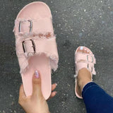 Summer New Products European and American Casual Sandals Solid Color Canvas Buckle Belt Denim Flat Slippers