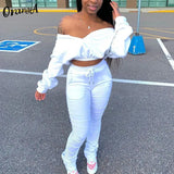 2021 Summer casual women off shoulder top stacked leggings two piece outfits sporty fitness activewear slim matching