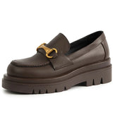 Women Genuine Leather Pumps Loafers Shoes Platform High Heels Metal Decoration Thick Heel Lady Footwear Spring Brown