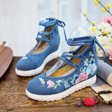 Breakj White Sole Embroidered Cloth Shoes High Heel Slope Canvas Embroidered Women's Singles Shoes Lace Retro National Style Cloth