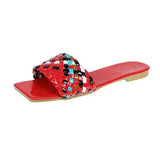 Slippers Women Summer Square Toe Casual Flat Ladies Multicolor Slides Female Weave Flip Flops Women's Home Shoes Plus
