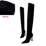 Women over the knee Boots Slip on Autumn Winter Shoes Thick heeled Elastic Suede Thigh high boots High heels Warm Long