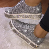 Women Glitter Flat Sneakers Casual Female Mesh Lace Up Bling Platform Comfortable Plus Size Vulcanized Shoes