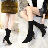 Size Sleeve Wool Tip Thick Heel Flying Woven Elastic Sock Boots Autumn New Mid-Barrel High-Heeled Women's Boots Size