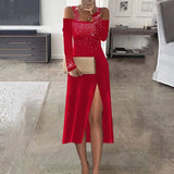 Fashion Sequins Halter Long Dress Sexy Shoulderless High Split Women Party Dress Elegant Solid Ladies Long Sleeve Bodycon