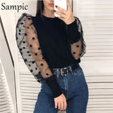 Woman Turtleneck Slim Polka Dot Puff Long Sleeve Blouses Shirts Thin Casual Mesh Shirts Tops Autumn