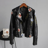 Women Floral Print Embroidery Faux Soft Leather Jacket Coat Turn-down Collar Casual Pu Motorcycle Black Punk