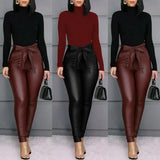 Leggings PU Leather High Waisted Pants Stretchy Bowknot Skinny Pencil Trousers Bow Womens Pants Black Wine Red