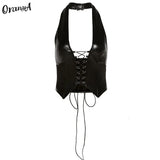 Puss Halter V-Neck Bandage Sexy Y2K PU Leather Croped Crop Fashion Backless Sleeveless Chic Slim Party Clubwear
