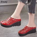 2022 Fashion Cut-outs Women Shoes Slippers Summer Closed Toe Wedge Sandals Genuine Leather Lady Slides Shoes