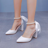 Breakj Cm Thick Heel Pointed Sandals With Shallow Female Sandals White Beaded Wedding Bride High Heels Large-Size
