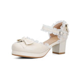 Japanese Harajuku Princess Lace Edge Lolita Sandals High Chunky Heels Sweet Round Toe Bowtie Kawaii School Girls Cosplay