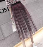 Summer Pleated Skirts 2019 Mesh Midi Saia High Waist Vintage Lace Lady Skirt Jupe Femme Falda Etek Mujer Gray Purple