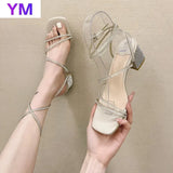 Summer Sandals Women Shoes Beach Sandals Cross Strap Beige Crystal Fashion Square Toe Mules Ladies Outside Zapatillas Mujer