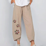 New Floral Print Cotton Linen Pants Fall Summer Loose Irregular Elastic Waist Wide Leg Pant Casual Elegant Pocket