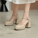 Platform High Heels Shoes Women Natural Genuine Leather Round Toe Buckle Pumps Thick Heel Laddies Footwear Spring