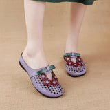 Summer New Flat-Soled Low-Heeled Women's Shoes National Style Leather Flower Slippers Hollowed-Out Breathable Comfortable Hole