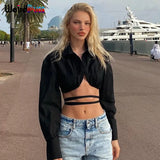 Puss Cut Bandage Short T-Shirts Women Ruched Irregular Backless Tops Long Sleeve Streetwear Summer Casual Wild