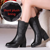Women Ladies Female Mother Genuine Leather Mid Calf Boots Shoes Winter Plush Fur Warm Floral Zipper Plus Size 41