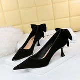 Breakj Korean Version Of Sweet High Heels Women's Shoes With High Heel Suede Shallow Pointed Head Of Color Bow Single