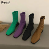 Square Toe Ankle Boots Women's Shoes High Heels Elastic Thin Boots Retro Botte Femme 2022 Short Botas Black Botines