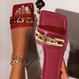 Slippers 2021 Summer Chain Style Square Head Slides Flat Heel Mule Shoes Woman Female Plus Size Outdoor Beach